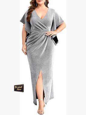 Plus Size Sparkly Formal Maxi Dress Ruched V Neck Slit Cocktail Gala Prom Gown
